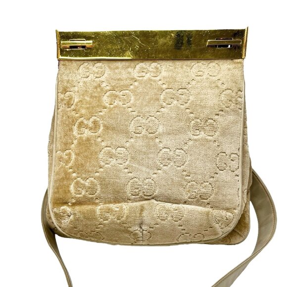 GUCCI Vintage GG Monogram Logo Shoulder Bag Crossbody Cream Gold Velour [105802] - Picture 6 of 13